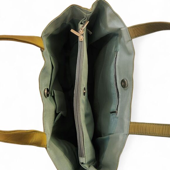 Silk Green Tote Purse Embroidered White Floral Design, 3 Compartments – 16"x9.5" - Picture 3 of 10